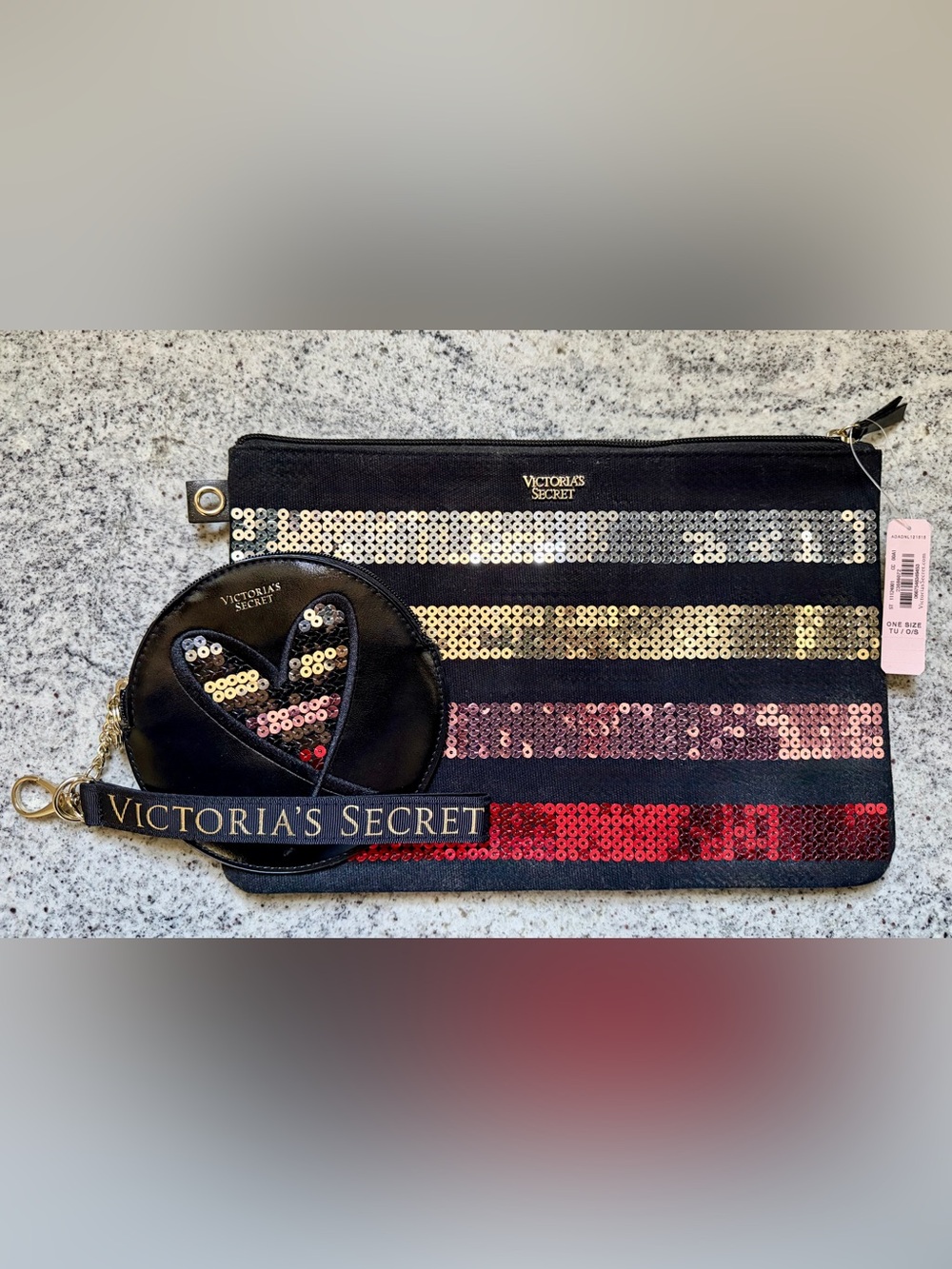 NWT Victoria's Secret Black with Multicolor Sequins Wristlet and Coin Purse